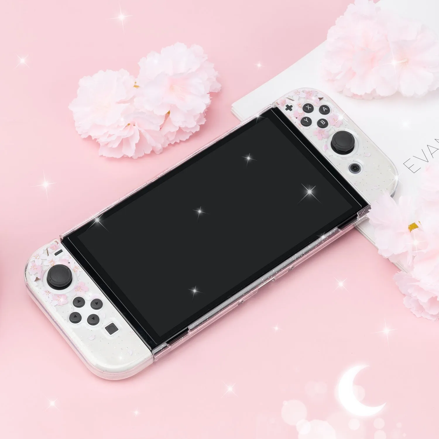 Sakura Cat Glitter Switch Standard OLED Case - Moon Clear Pink Kawaii