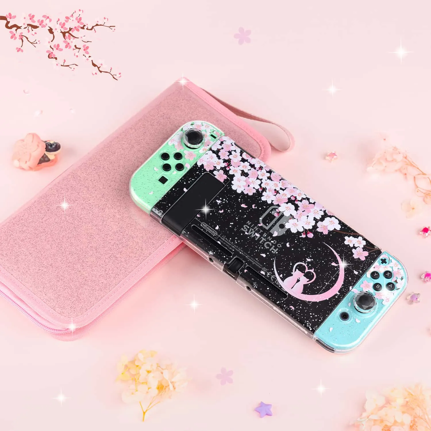 Sakura Cat Glitter Switch Standard OLED Case - Moon Clear Pink Kawaii