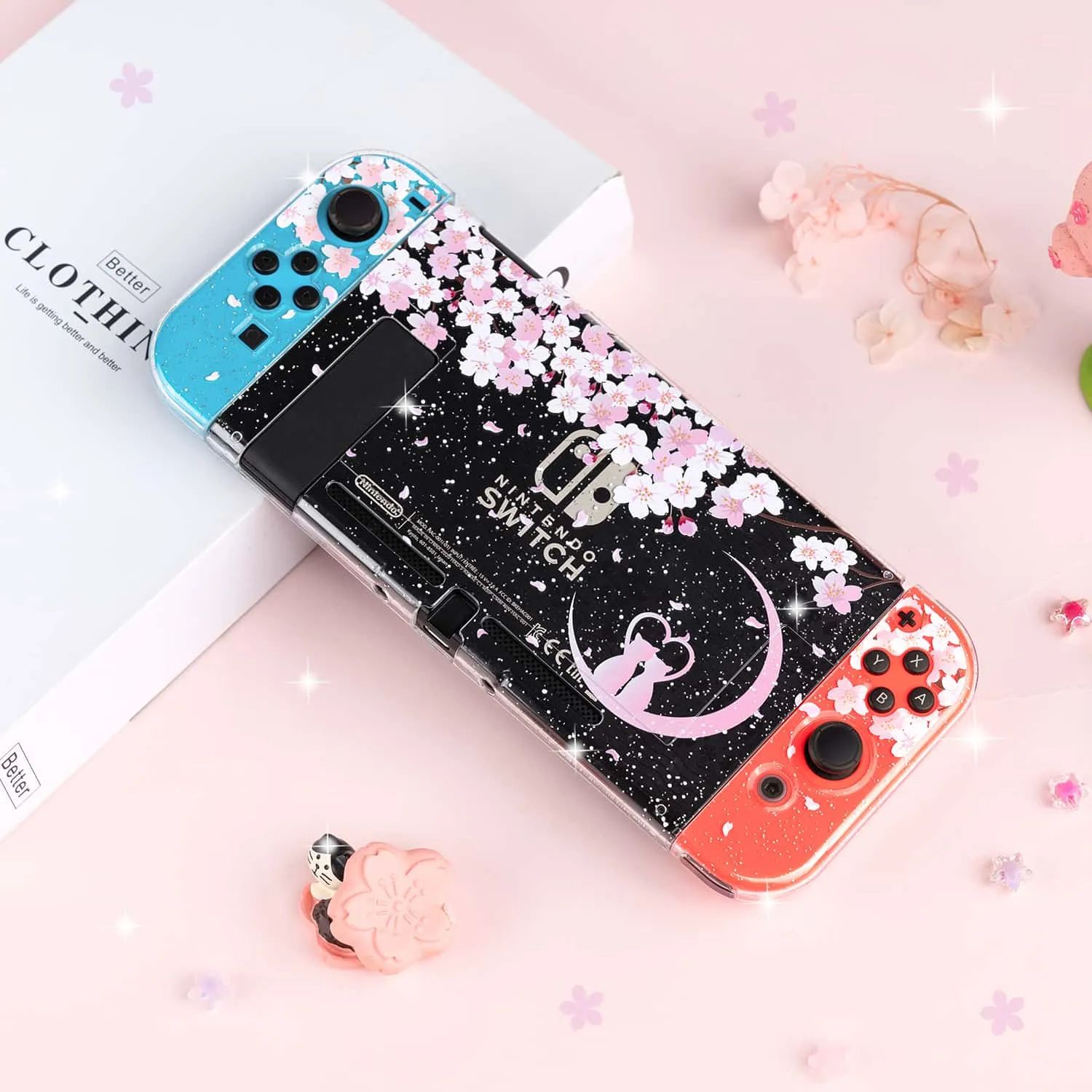 Sakura Cat Glitter Switch Standard OLED Case - Moon Clear Pink Kawaii