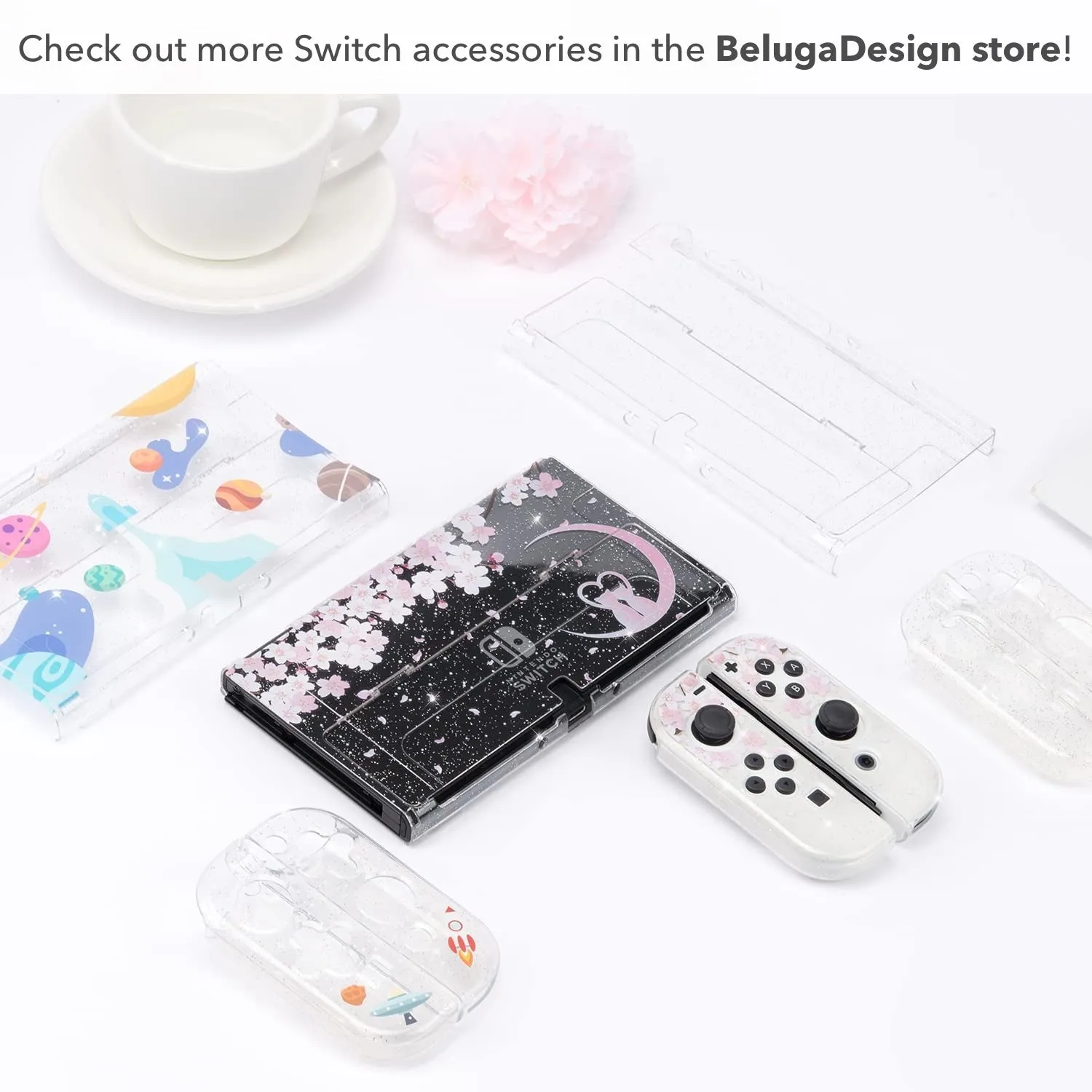 Sakura Cat Glitter Switch Standard OLED Case - Moon Clear Pink Kawaii