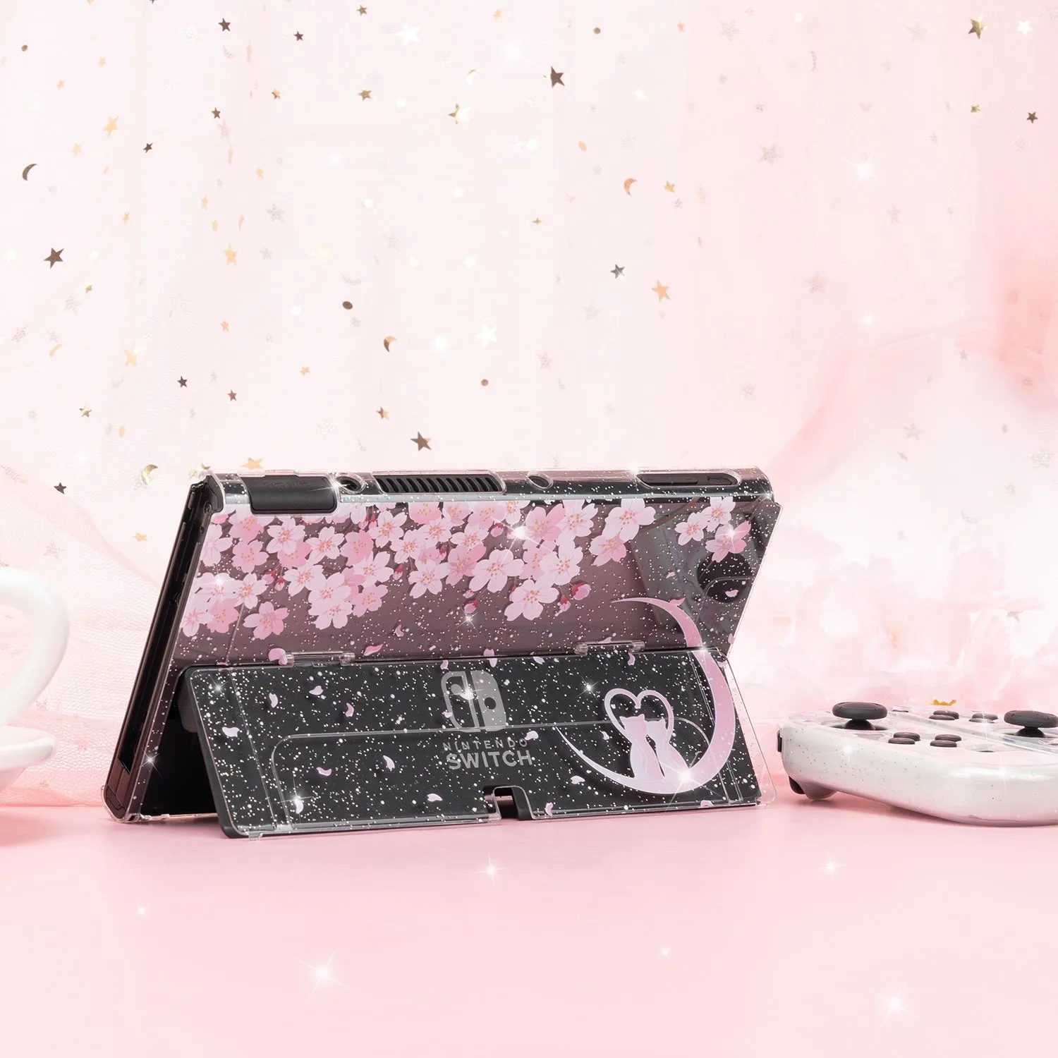 Sakura Cat Glitter Switch Standard OLED Case - Moon Clear Pink Kawaii