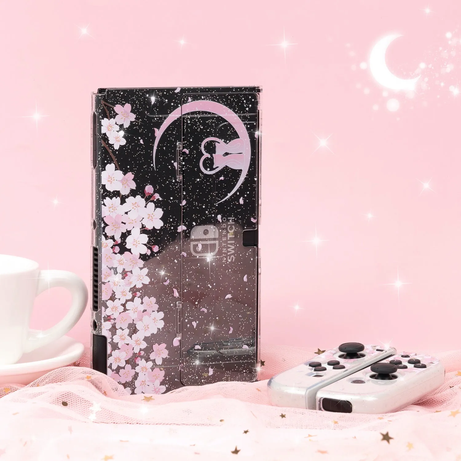 Sakura Cat Glitter Switch Standard OLED Case - Moon Clear Pink Kawaii