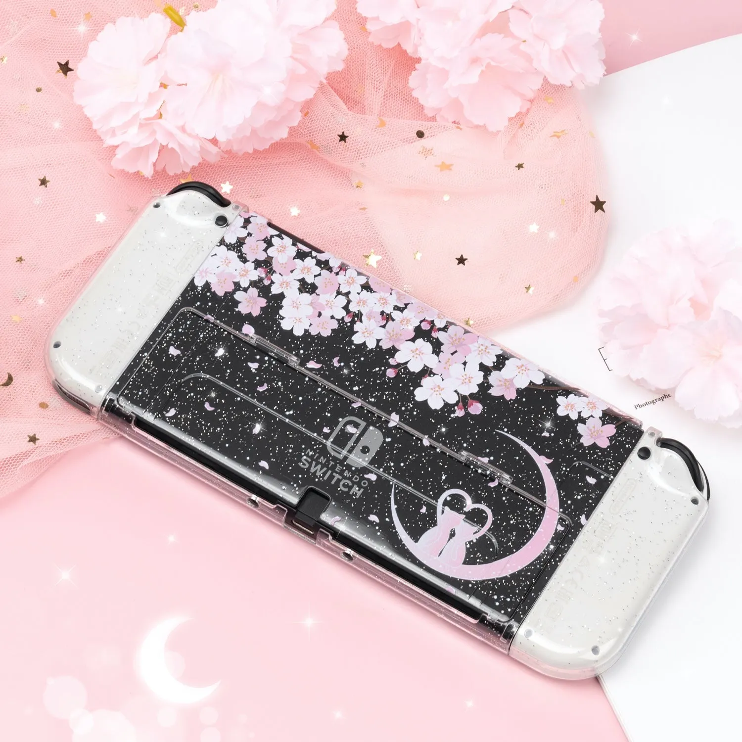 Sakura Cat Glitter Switch Standard OLED Case - Moon Clear Pink Kawaii