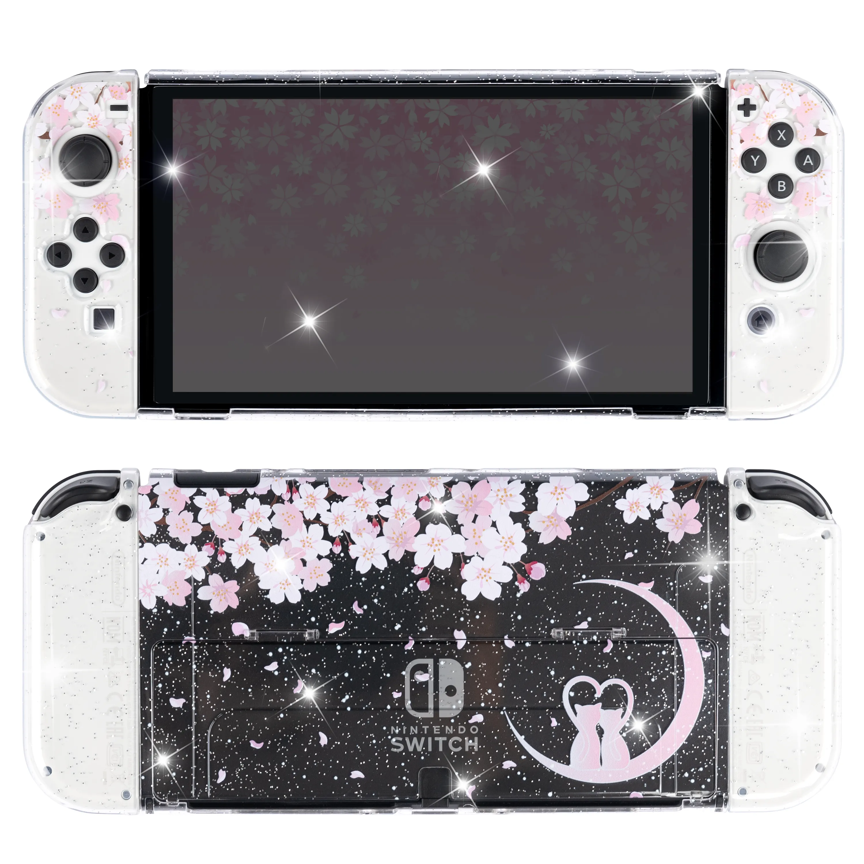 Sakura Cat Glitter Switch Standard OLED Case - Moon Clear Pink Kawaii