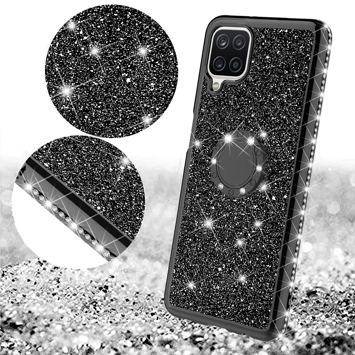 Samsung Galaxy A12 Case, Glitter Cute Phone Case Girls with Kickstand,Bling Diamond Rhinestone Bumper Ring Stand Sparkly Luxury Clear Thin Soft Protective Samsung Galaxy A12 Case for Girl Women - Black