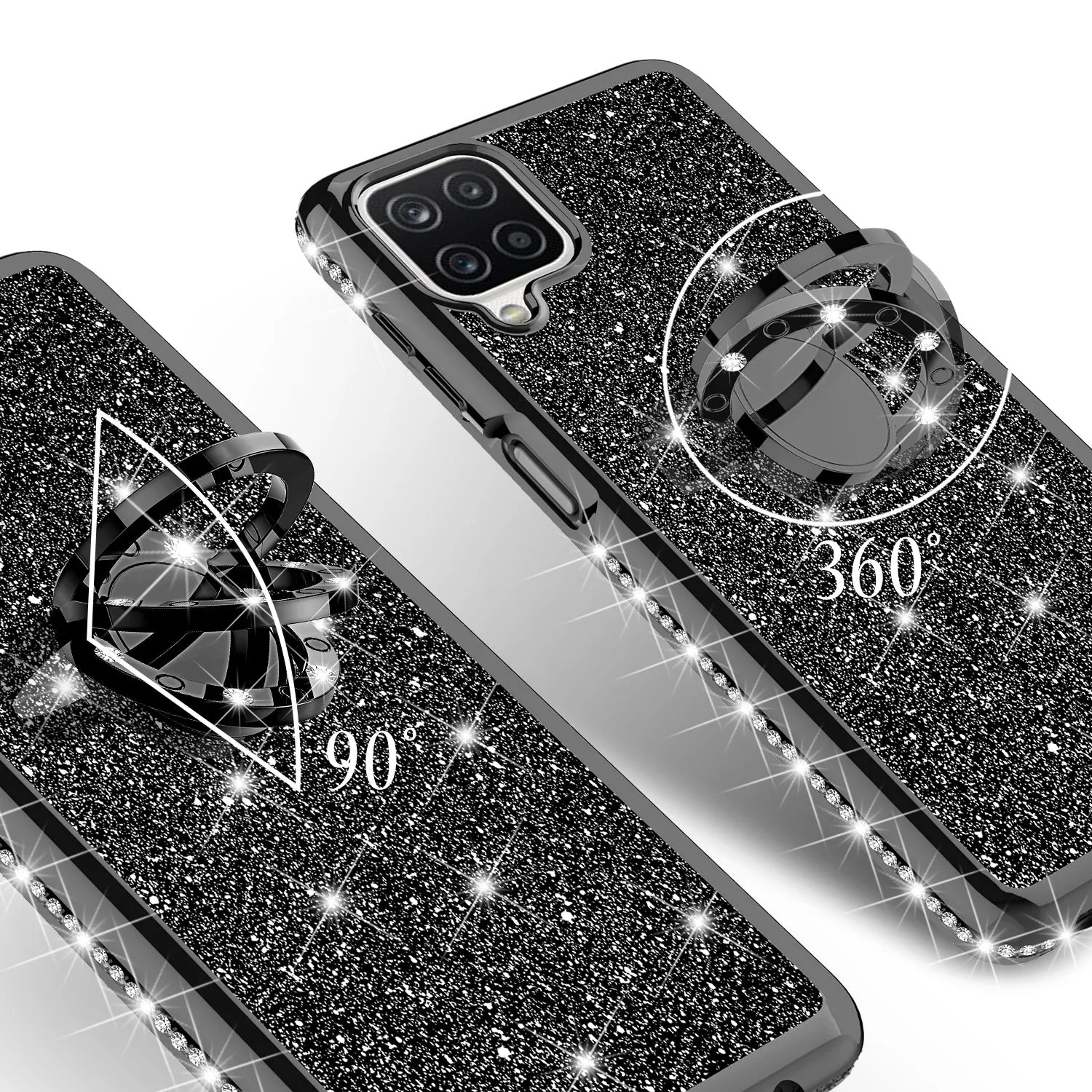 Samsung Galaxy A12 Case, Glitter Cute Phone Case Girls with Kickstand,Bling Diamond Rhinestone Bumper Ring Stand Sparkly Luxury Clear Thin Soft Protective Samsung Galaxy A12 Case for Girl Women - Black