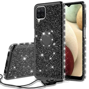 Samsung Galaxy A12 Case, Glitter Cute Phone Case Girls with Kickstand,Bling Diamond Rhinestone Bumper Ring Stand Sparkly Luxury Clear Thin Soft Protective Samsung Galaxy A12 Case for Girl Women - Black