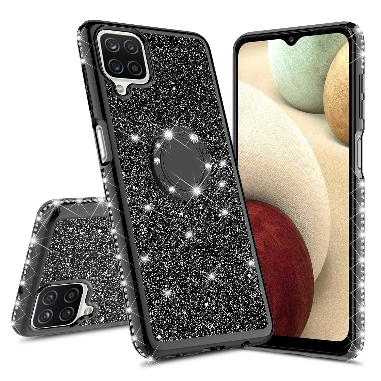 Samsung Galaxy A12 Case, Glitter Cute Phone Case Girls with Kickstand,Bling Diamond Rhinestone Bumper Ring Stand Sparkly Luxury Clear Thin Soft Protective Samsung Galaxy A12 Case for Girl Women - Black