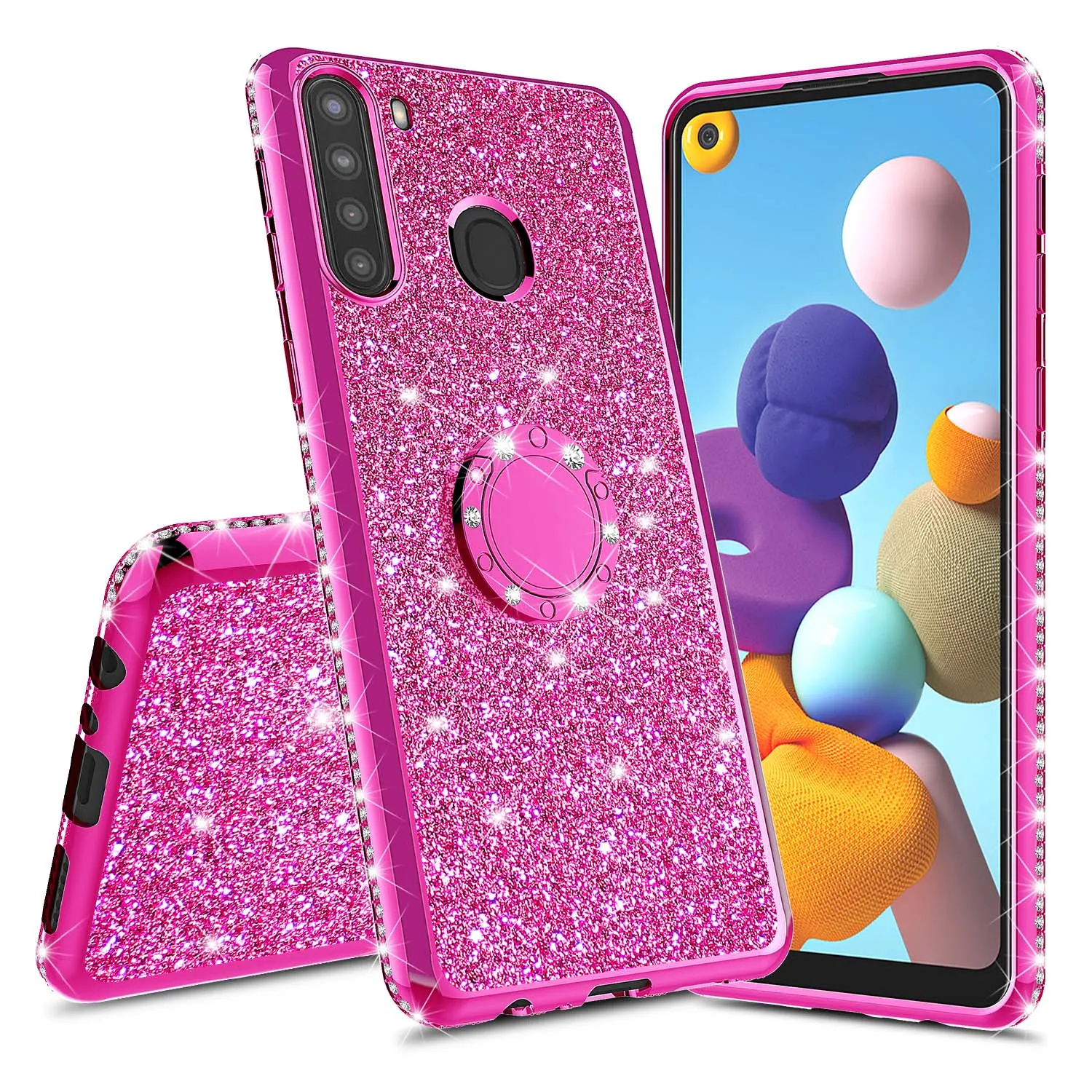 Samsung Galaxy A21 Case, Glitter Cute Phone Case Girls with Kickstand,Bling Diamond Rhinestone Bumper Ring Stand Sparkly Luxury Clear Thin Soft Protective Samsung Galaxy A21 Case for Girl Women - Hot Pink