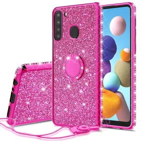 Samsung Galaxy A21 Case, Glitter Cute Phone Case Girls with Kickstand,Bling Diamond Rhinestone Bumper Ring Stand Sparkly Luxury Clear Thin Soft Protective Samsung Galaxy A21 Case for Girl Women - Hot Pink