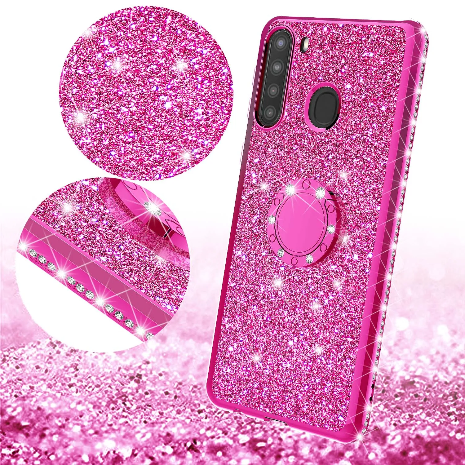 Samsung Galaxy A21 Case, Glitter Cute Phone Case Girls with Kickstand,Bling Diamond Rhinestone Bumper Ring Stand Sparkly Luxury Clear Thin Soft Protective Samsung Galaxy A21 Case for Girl Women - Hot Pink