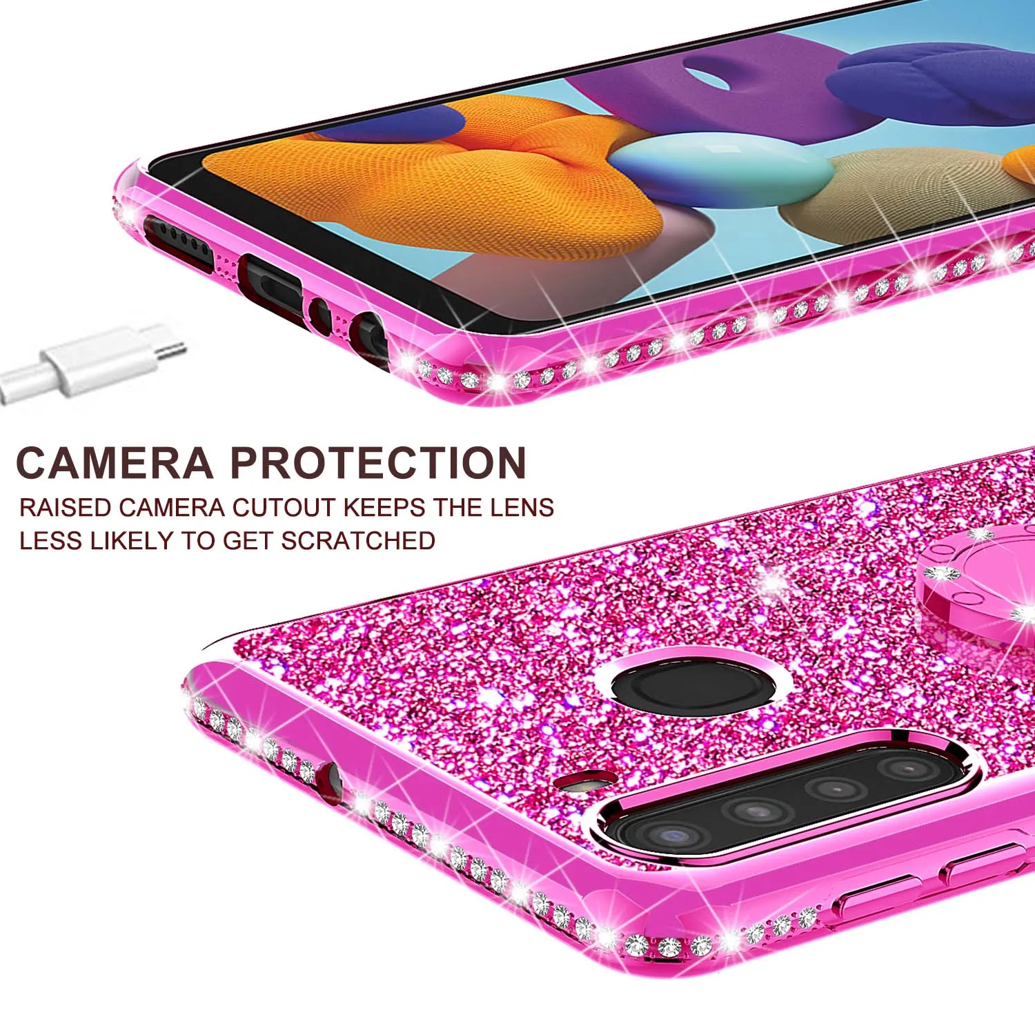 Samsung Galaxy A21 Case, Glitter Cute Phone Case Girls with Kickstand,Bling Diamond Rhinestone Bumper Ring Stand Sparkly Luxury Clear Thin Soft Protective Samsung Galaxy A21 Case for Girl Women - Hot Pink