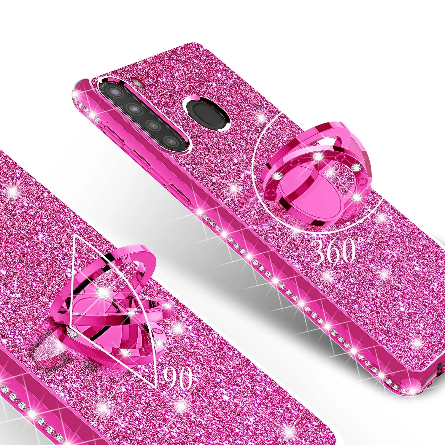 Samsung Galaxy A21 Case, Glitter Cute Phone Case Girls with Kickstand,Bling Diamond Rhinestone Bumper Ring Stand Sparkly Luxury Clear Thin Soft Protective Samsung Galaxy A21 Case for Girl Women - Hot Pink