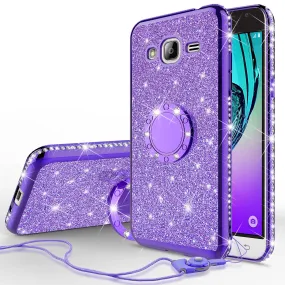 Samsung Galaxy J3,  Galaxy J3 V Case, Glitter Cute Phone Case Girls with Kickstand,Bling Diamond Rhinestone Bumper Ring Stand Sparkly Luxury Clear Thin Soft Protective Samsung Galaxy J3 Case for Girl Women - Purple