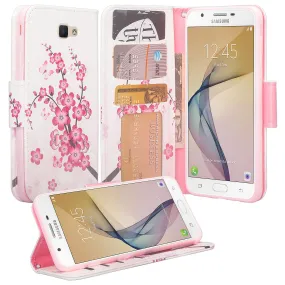 Samsung Galaxy J7 Prime 2016, G610, Galaxy On7 Case, Wrist Strap Pu Leather Magnetic Flip [Kickstand] with Slots - Cherry Blossom