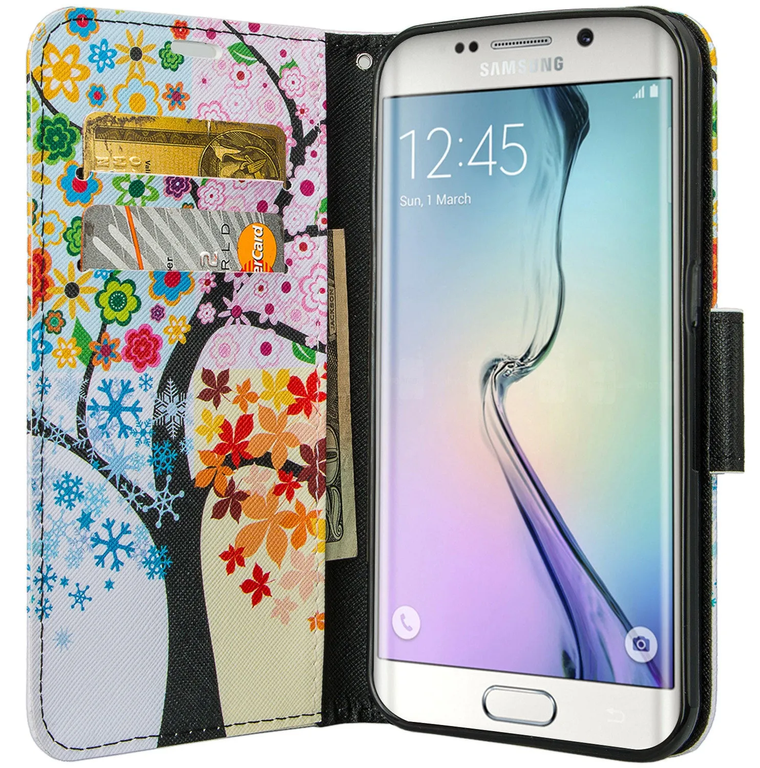 Samsung Galaxy S7 Wallet Case, Wrist Strap Pu Leather Magnetic Flip Fold[Kickstand] with ID & Card Slots for Galaxy S7 - Glowing Tree