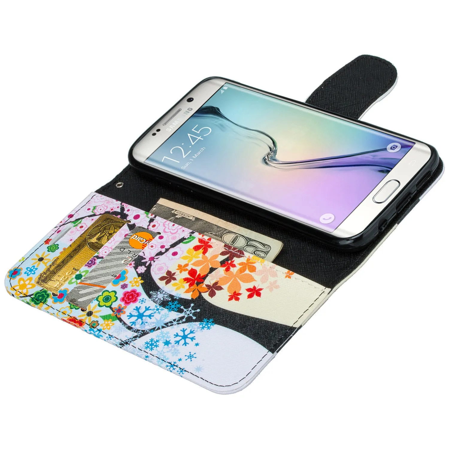 Samsung Galaxy S7 Wallet Case, Wrist Strap Pu Leather Magnetic Flip Fold[Kickstand] with ID & Card Slots for Galaxy S7 - Glowing Tree