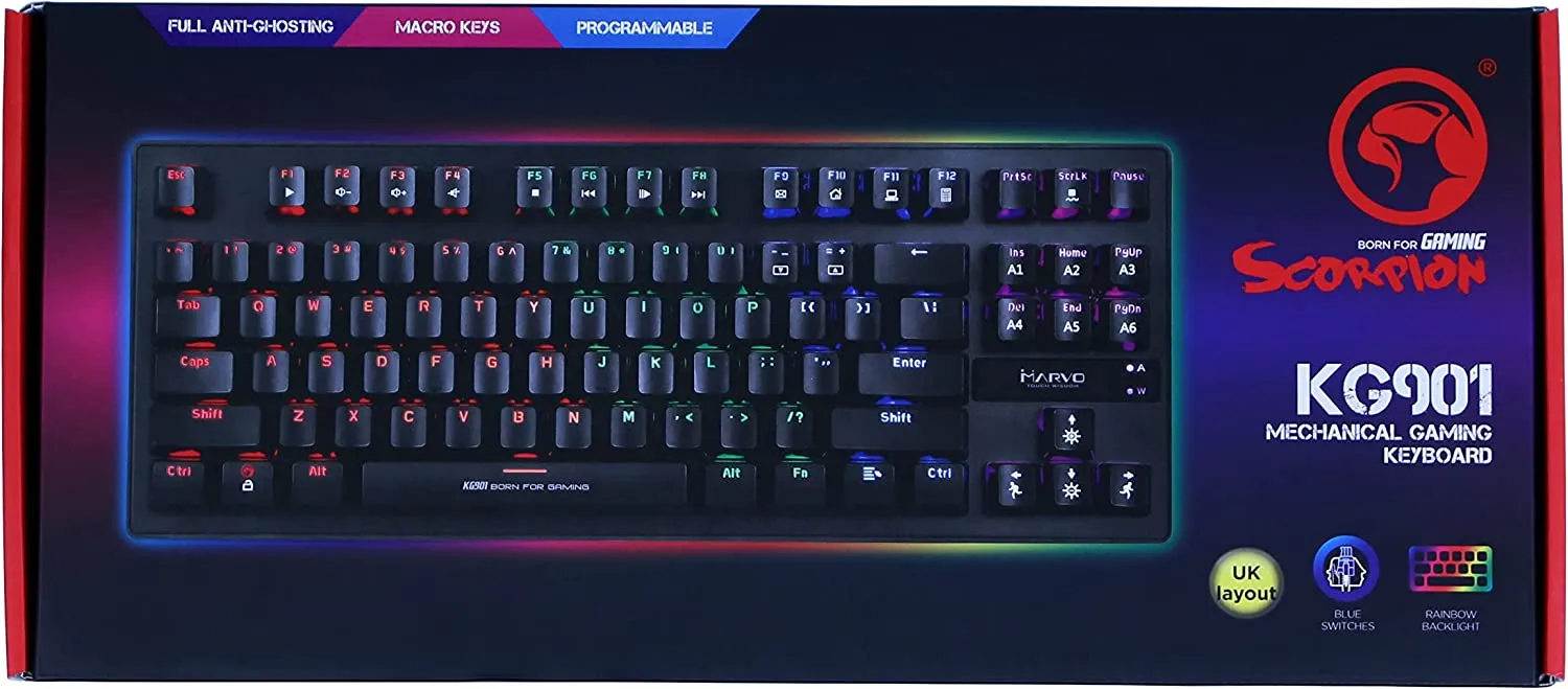 Scorpion KG901 Mechanical Gaming Keyboard with Blue Switches, Full Anti Ghosting with N Key Rollover, Slim Compact Frame, Backlight 6 Colour Rainbow