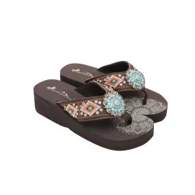 SE107-S096  Mandala Turquoise Stone Concho Embroidered Collection Wedge Western Flip-Flop -Case