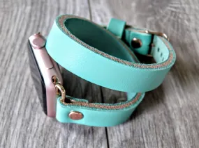 Seafoam Turquoise Apple Watch Band, Double Wrap Strap, Wickett & Craig Genuine Leather Band