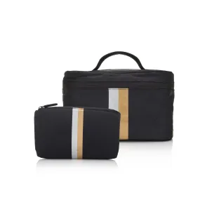 Set of Two - Cosmetic Case with Mini Zipper Pack - Black with Silver & Gold Stripes