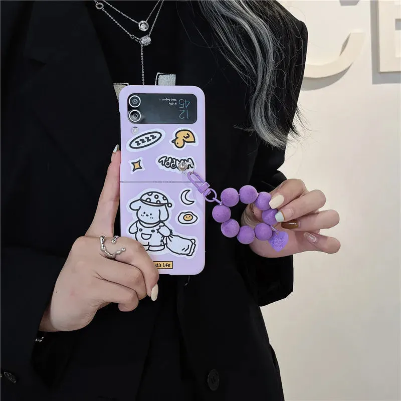 TSP76 Cute Phone Cases For Galaxy Z Flip 3 4 Flip4 5G - Cartoon Purple Cover With Lanyard