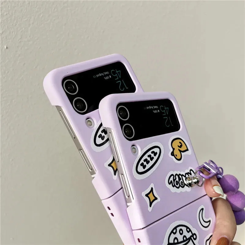 TSP76 Cute Phone Cases For Galaxy Z Flip 3 4 Flip4 5G - Cartoon Purple Cover With Lanyard