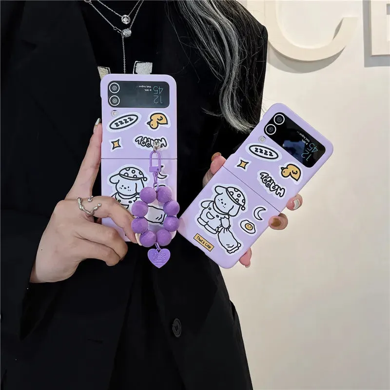 TSP76 Cute Phone Cases For Galaxy Z Flip 3 4 Flip4 5G - Cartoon Purple Cover With Lanyard