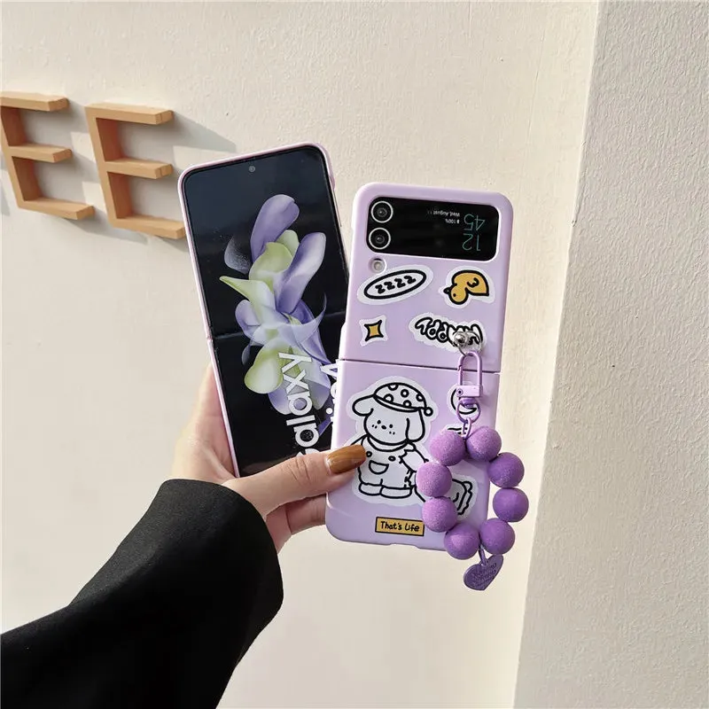 TSP76 Cute Phone Cases For Galaxy Z Flip 3 4 Flip4 5G - Cartoon Purple Cover With Lanyard