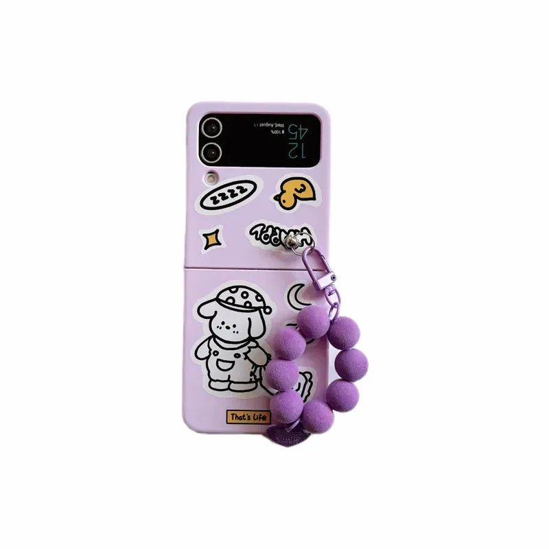 TSP76 Cute Phone Cases For Galaxy Z Flip 3 4 Flip4 5G - Cartoon Purple Cover With Lanyard