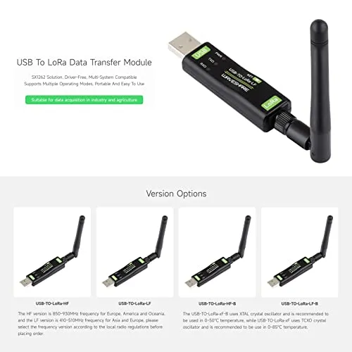 Waveshare USB to LoRa Data Transfer Module, Based On SX1262, Suitable for Data Acquisition in Industry and Agriculture-TCXO Crystal oscillator