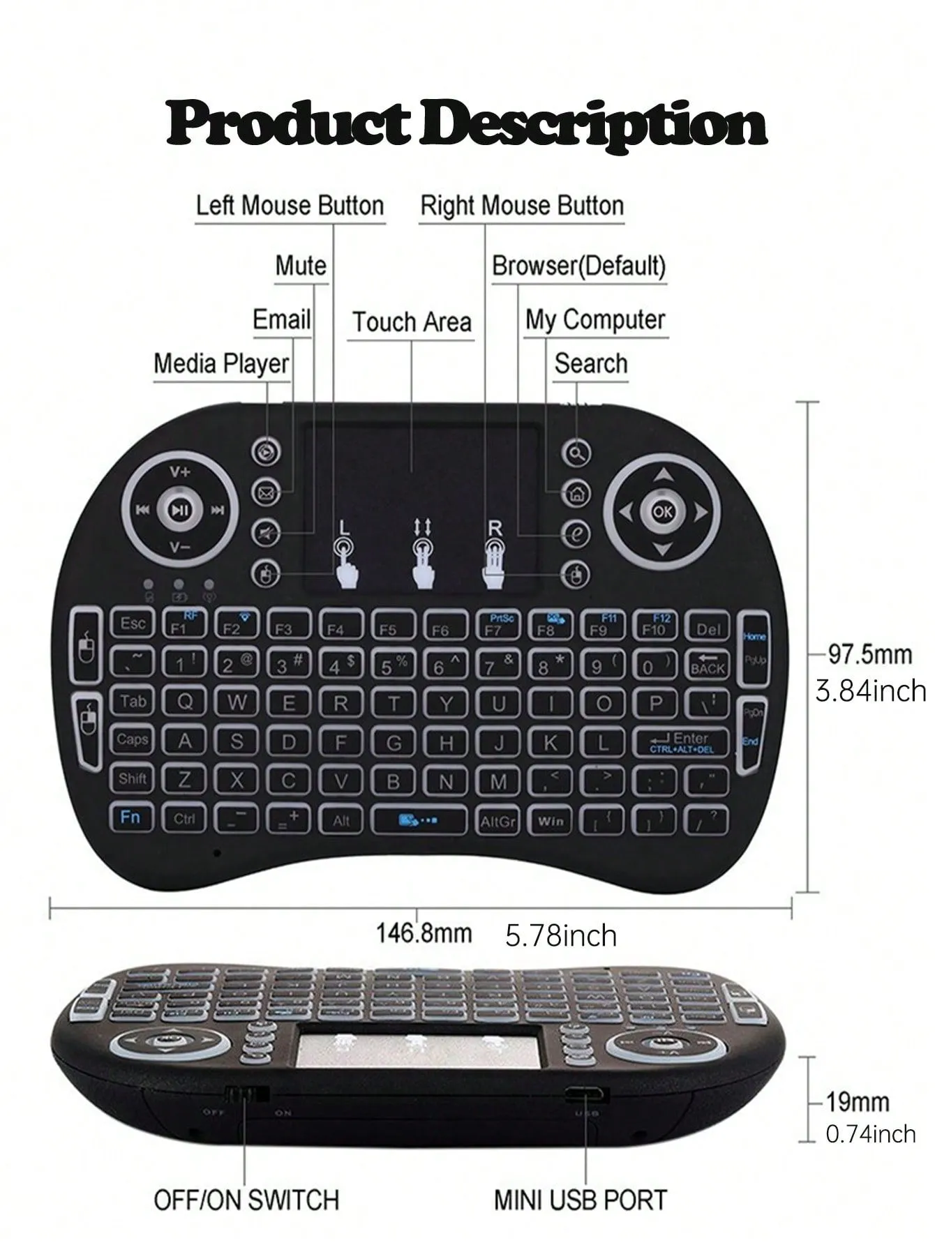 Wireless dual-mode mini flying mouse with touch panel keyboard