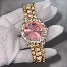 Women's 42mm Diamond Watch Iced Roman Dial with Date - Quartz Movement