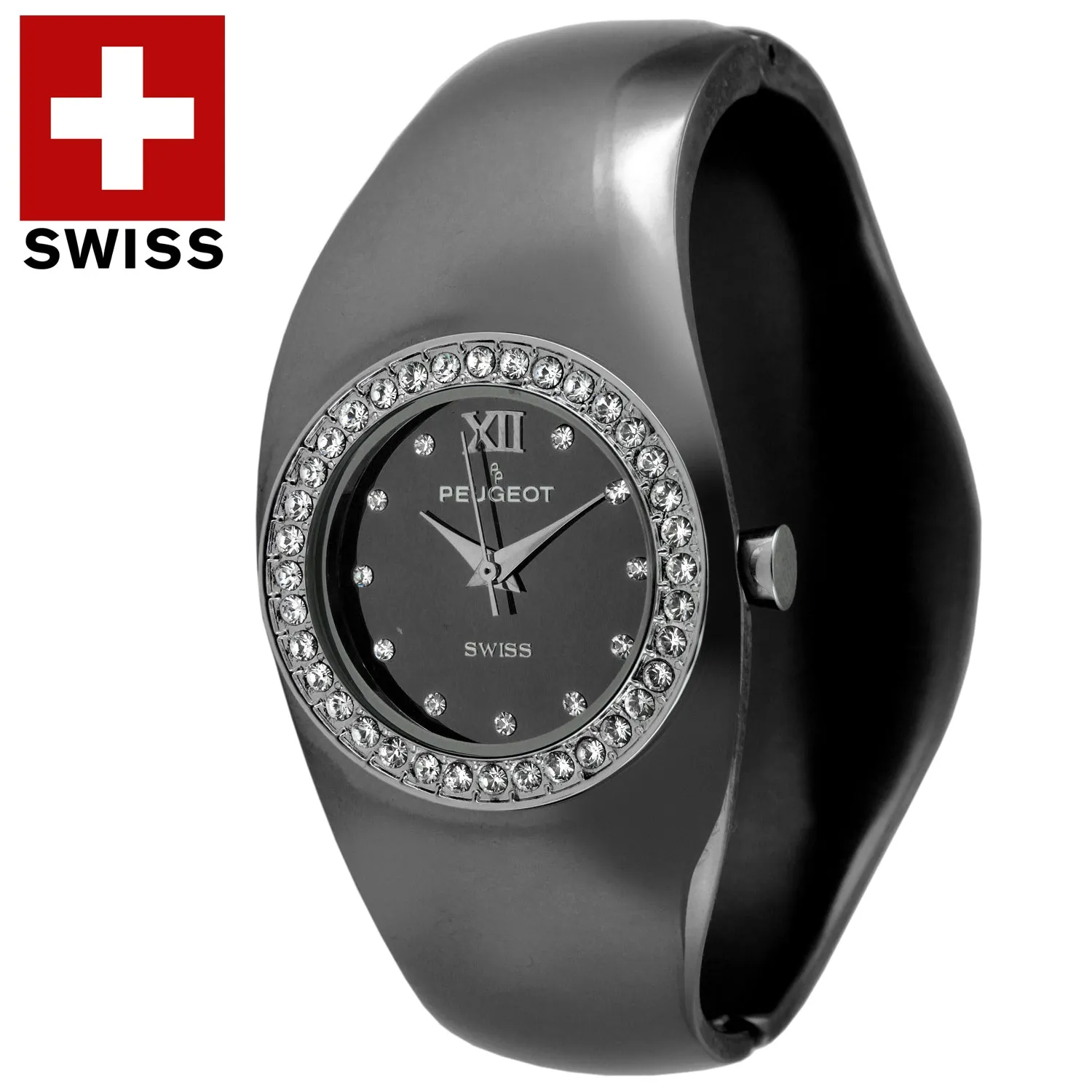 Women's Swiss Black Crystal Accented Cuff Bangle Fashion Watch